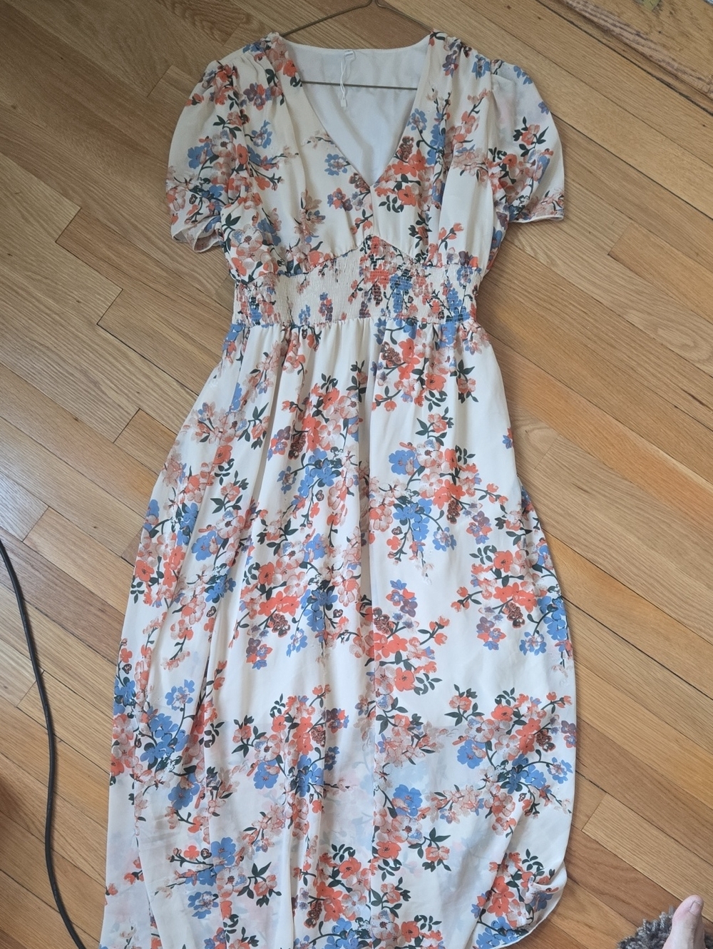 Floral V-Neck Midi Dress in Cream with Blue & Coral Blossoms